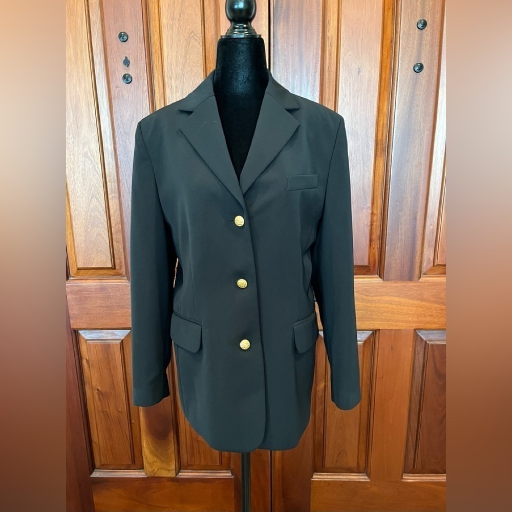 L.L. Bean Women Black Blazer Lined Suit Jacket Career Sz 12 Petite Gold Button